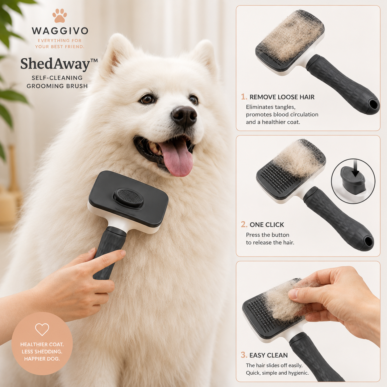 Waggivo ShedAway™ Self-Cleaning Dog Grooming Brush