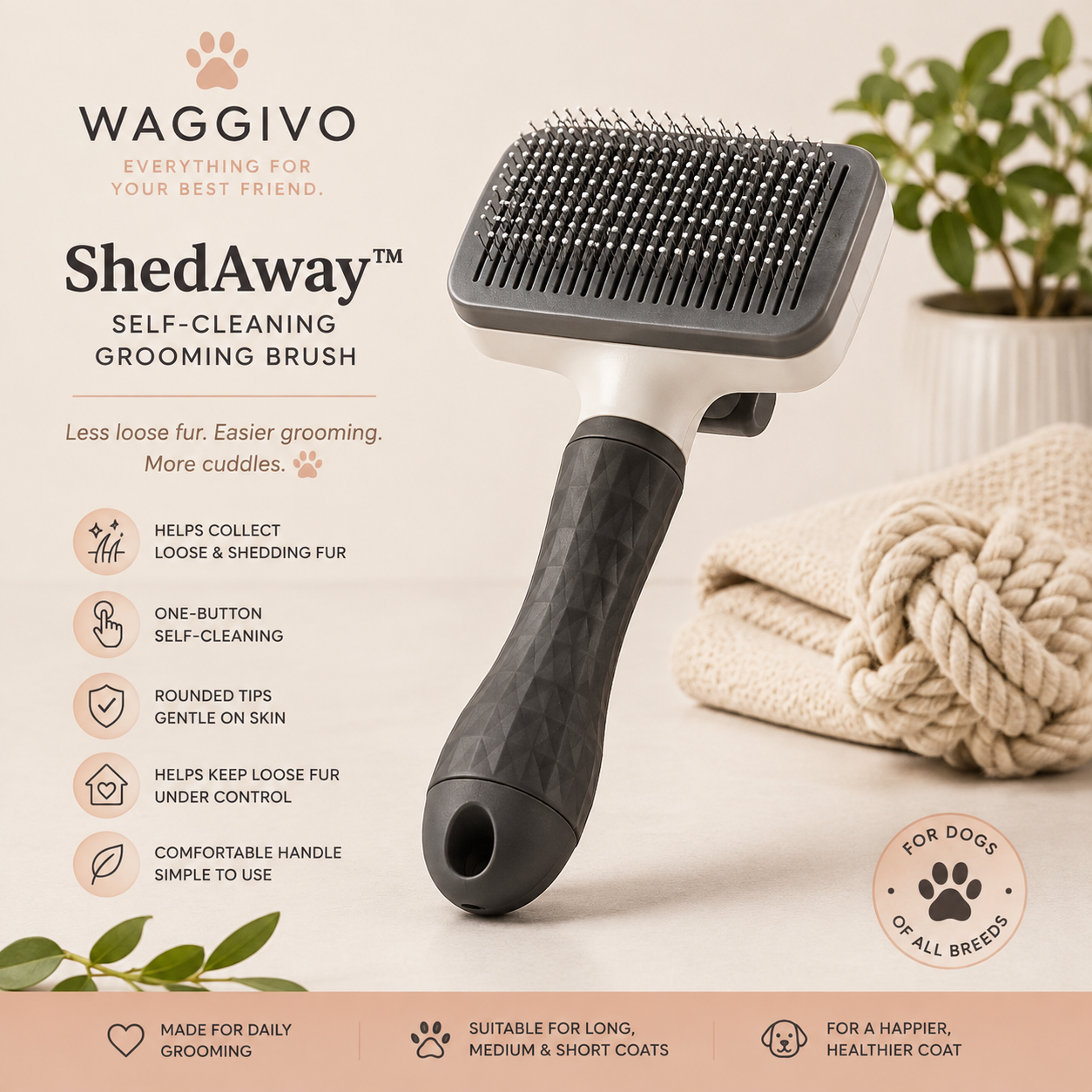 Waggivo ShedAway™ Self-Cleaning Dog Grooming Brush